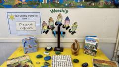 Areas of school used for worship, a selection of books and ornaments relating to worship