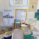 Areas of school used for worship, a selection of books and posters